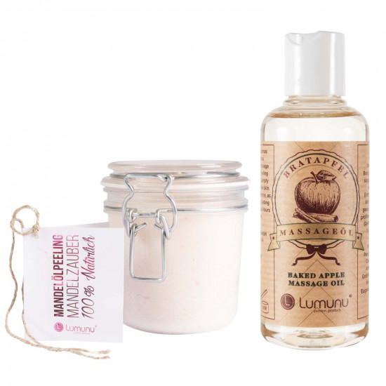 Lumunu Deluxe MassageÃ¶l mit Bratapfel Duft (100 ml) & MandelÃ¶lpeeling Mandelzauber (500g)